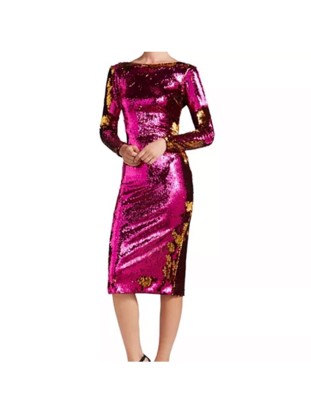 Dress the Population Women Emery V Neck Long-Sleeve Sequin Dress Hot Pink Small - Picture 1 of 7